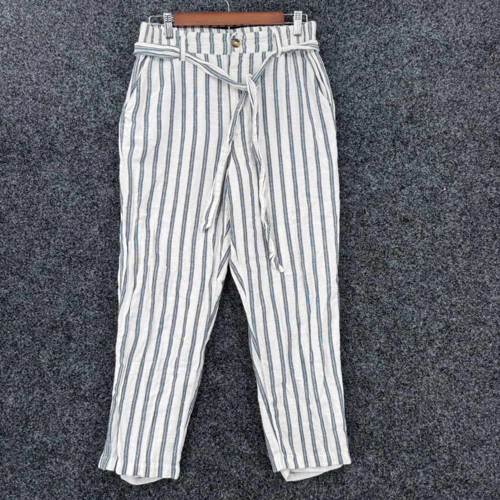 American Eagle Striped Linen Blend Tie Waist Tapered Pants Blue White Womens M